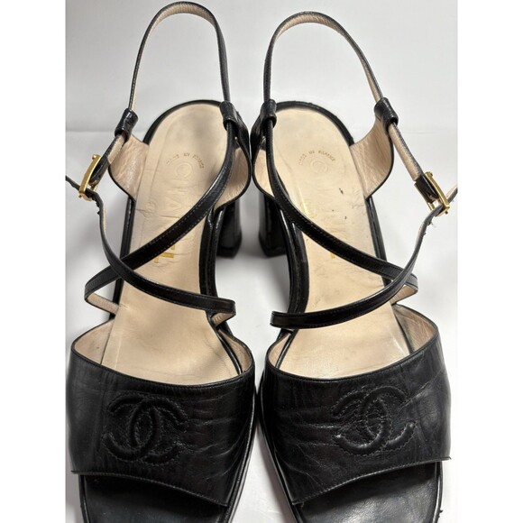 Chanel Block Heels Platform Black CC Logo Leather Sandals Vintage Sz EU 39 9 - Picture 4 of 12